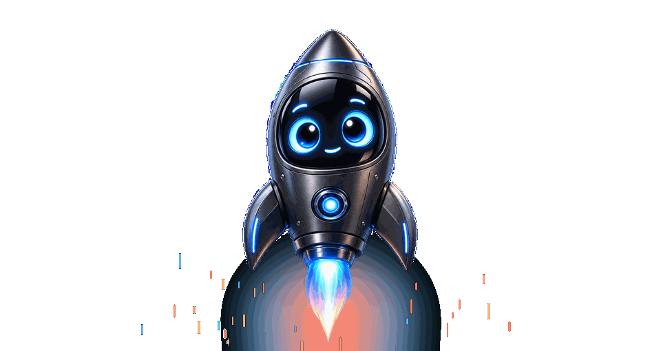A friendly blue-eyed Grok Bot rocket launching upward